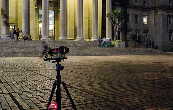 A prototype of the device that could connect remote places to fast, reliable Internet is tested by the team at Wits University. Credit: Wits University.